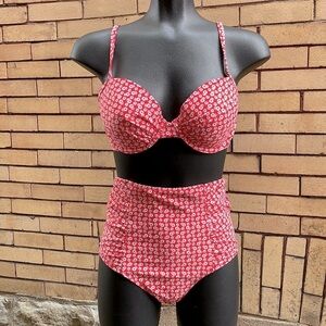 NWT Aerie Red Daisy 34D Top + Large Bottoms Retro Pin-Up 60’s Hi-Rise Bikini Set